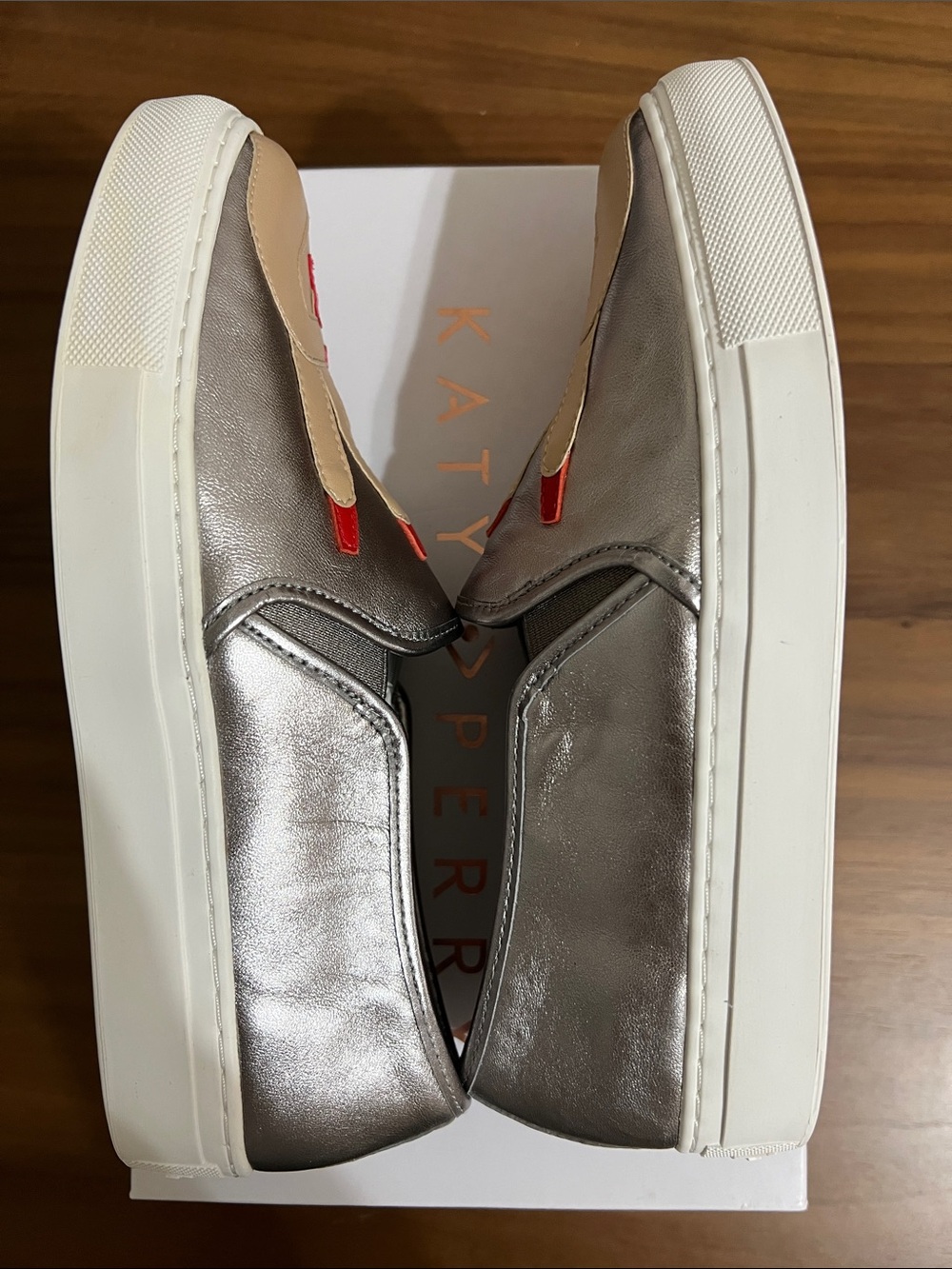 Katy Perry Collections Metallic Silver Slip-On Sneakers with Beige & Red Details - Picture 7 of 11